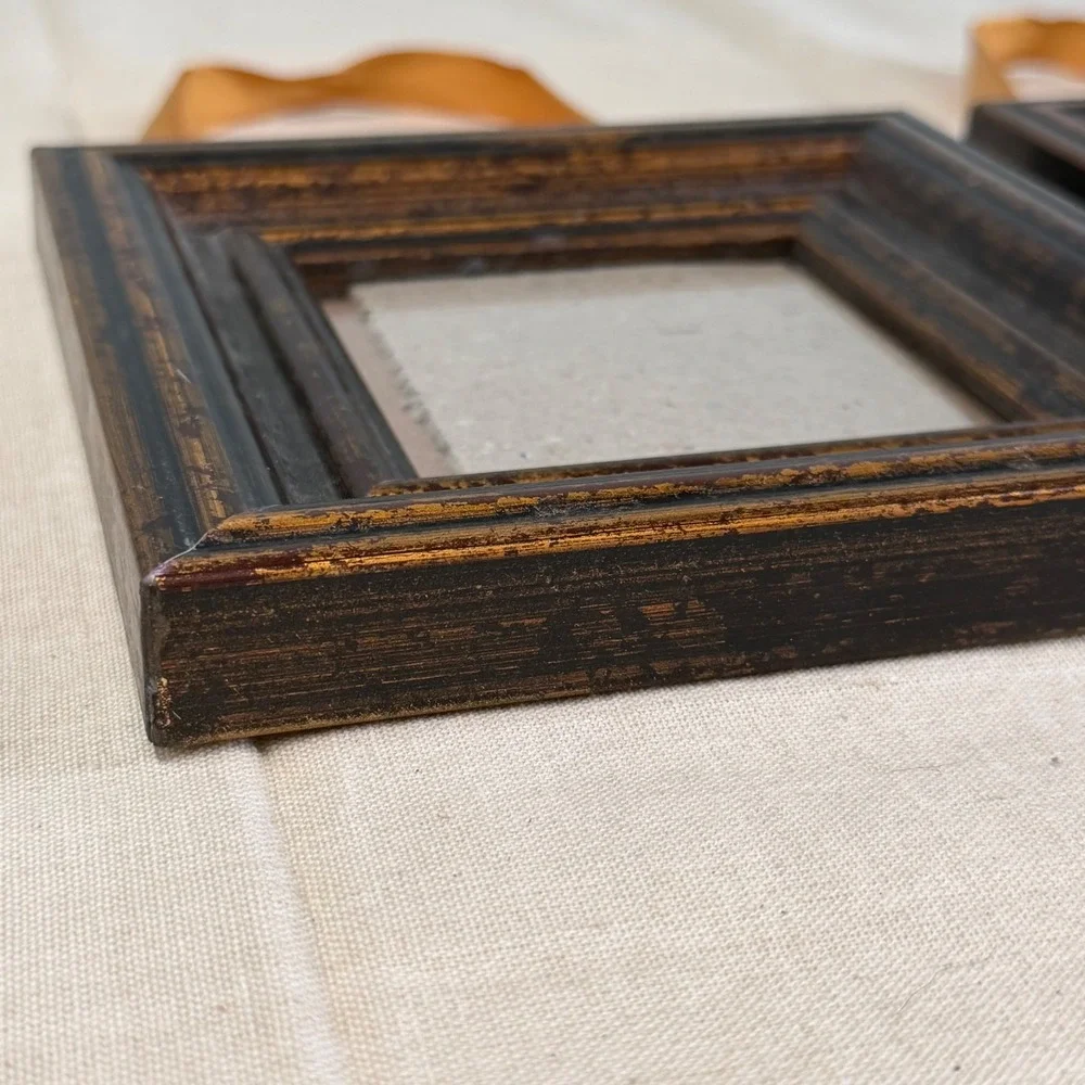 Set of 2 Distressed Gold Bronze Square Picture Frames with Ribbon Hangers 7x7